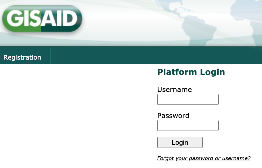 GISAID login page with registration link