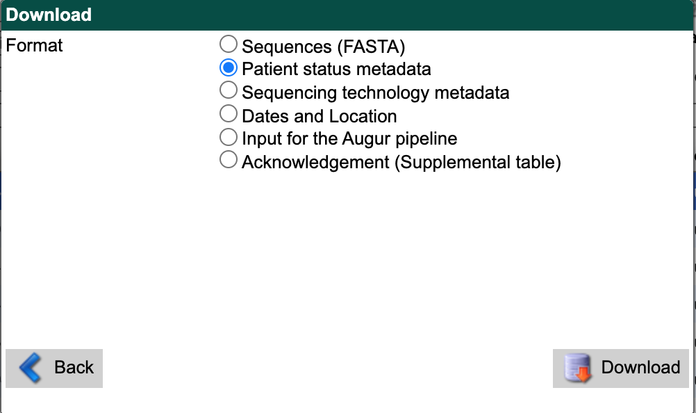 GISAID search download window showing “Patient status metadata” option