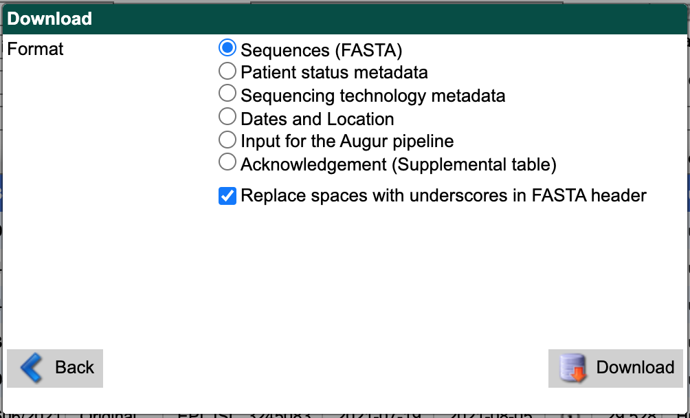GISAID search download window showing “Sequences (FASTA)” option