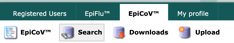 GISAID EpiCoV navigation bar with “Search” link