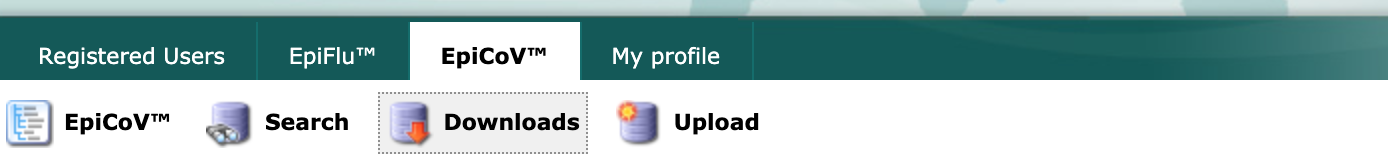 GISAID EpiCoV navigation bar with “Downloads” link