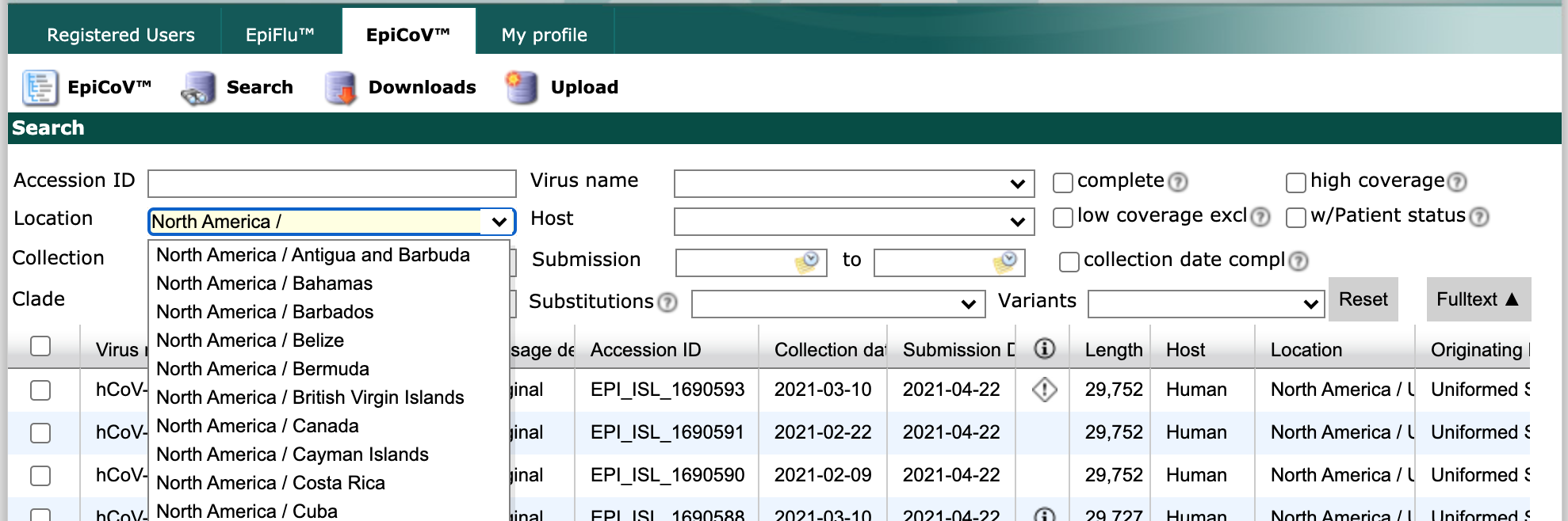 GISAID initial search interface