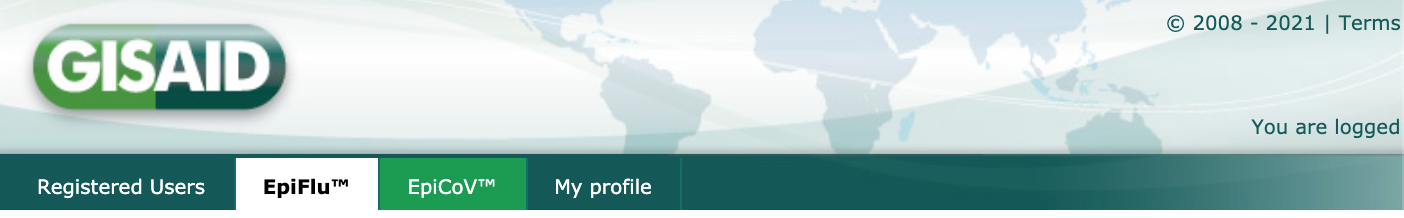 GISAID navigation bar with “EpiCoV” link